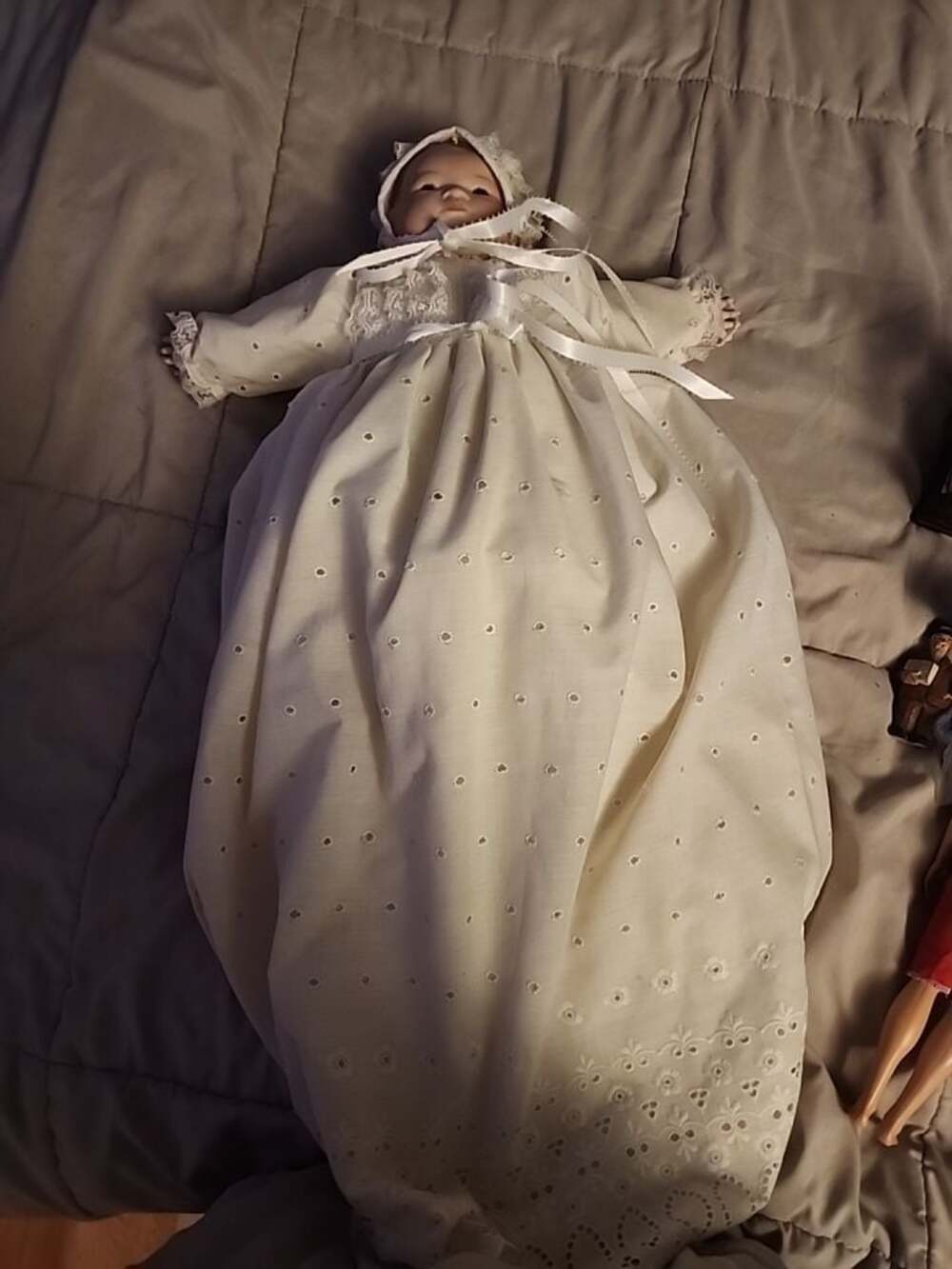 Vintage J. Budmens 80s Porcelain Bisque Head Baby Doll in Long Christening Gown